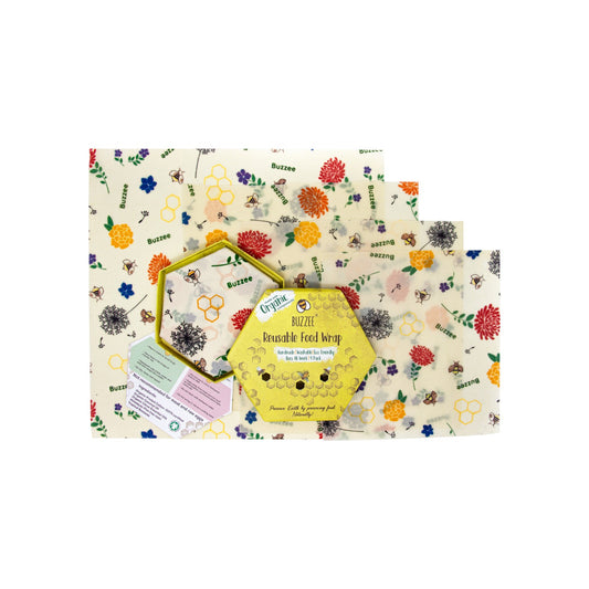 BUZZEE Organic Beeswax Wraps (4 Pack) - Bees at Work
