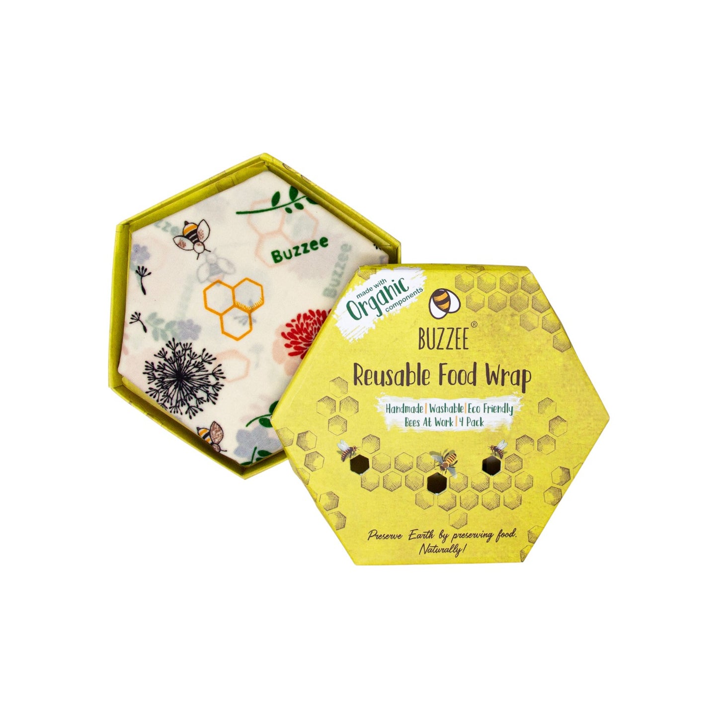 BUZZEE Organic Beeswax Wraps (4 Pack) - Bees at Work