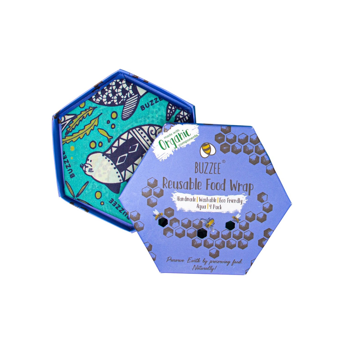 BUZZEE Organic Beeswax Wraps (4 Pack) - Aqua