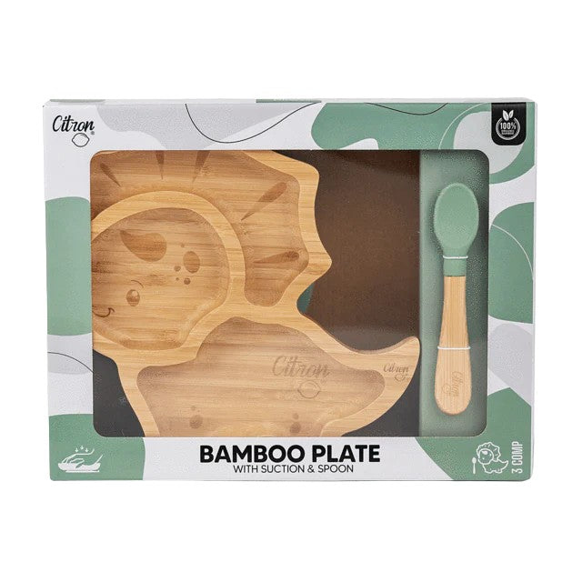 Citron Dinosaur Bamboo Plate w/ Suction & Spoon