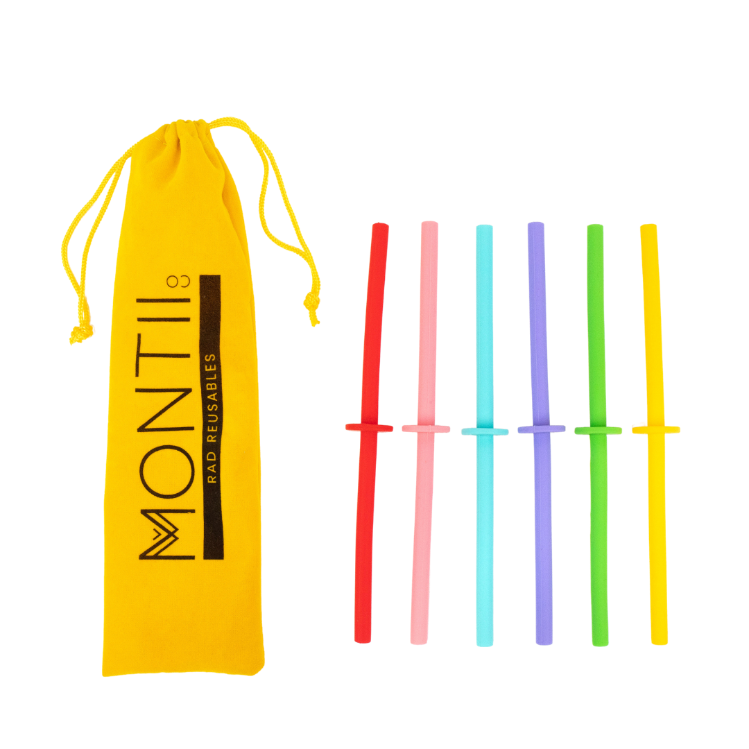 MontiiCo Mini Rainbow Silicone Stopper Straw Set & Yellow Bag