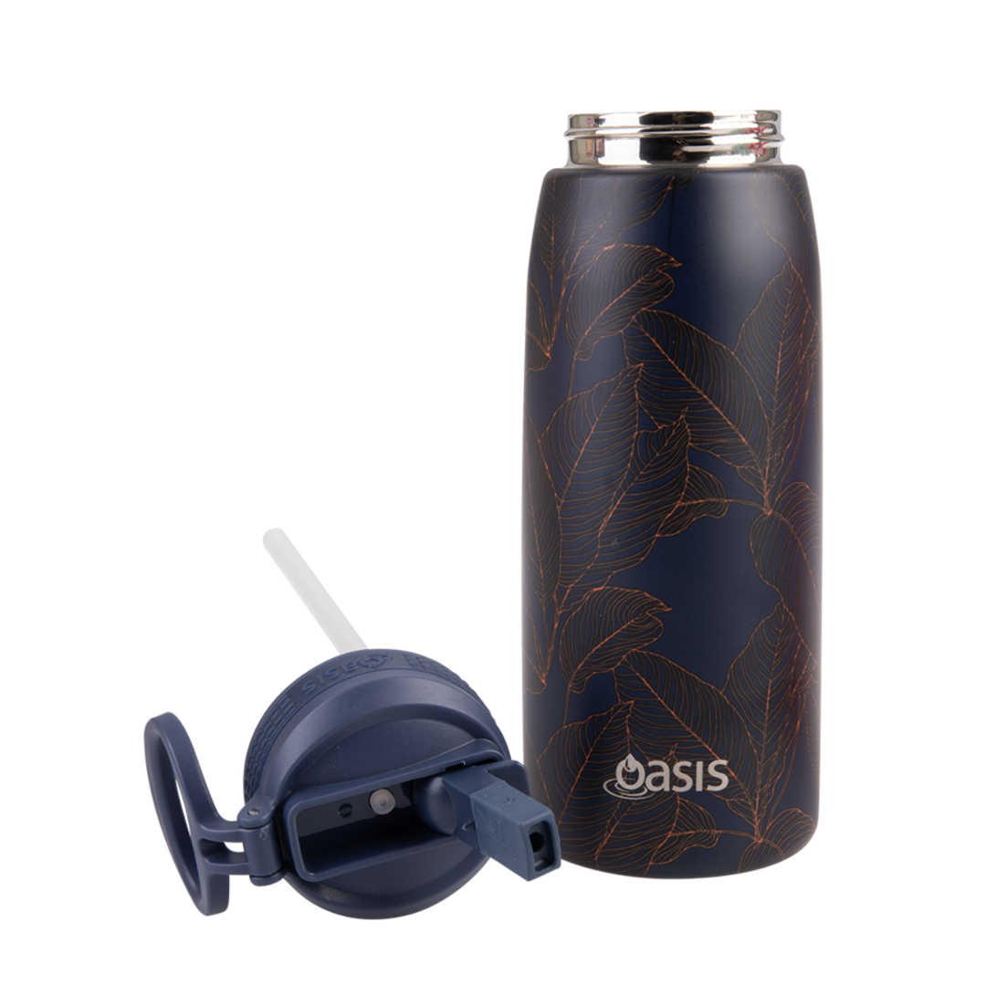 Oasis & Sachi Insulated Lunch Bag & Drink Bottle Bundle - Navy Leaves