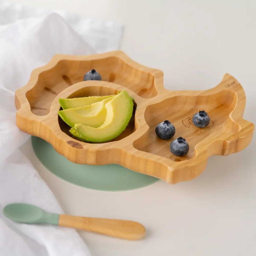 Citron Dinosaur Bamboo Plate w/ Suction & Spoon
