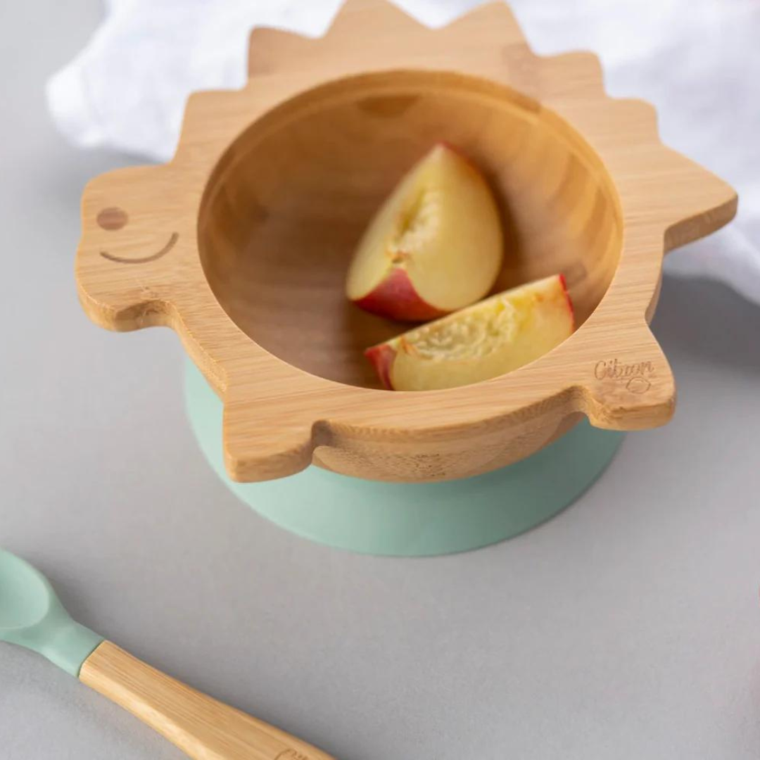 Citron Dinosaur Bamboo Bowl w/ Suction & Spoon