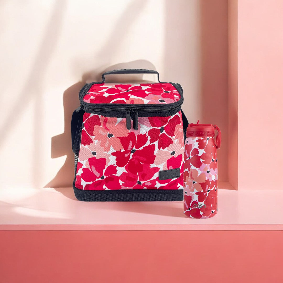 Oasis & Sachi Insulated Cooler Bag & Drink Bottle Bundle - Red Poppies