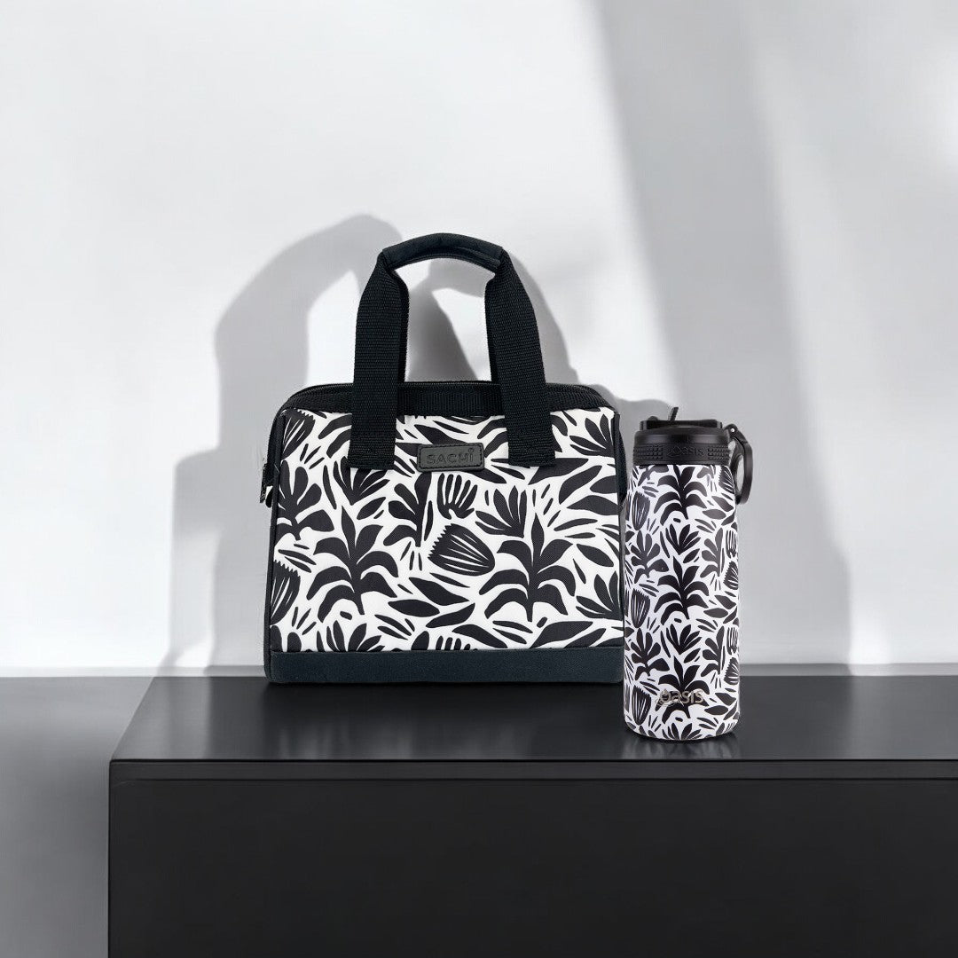 Oasis & Sachi Insulated Lunch Bag & Drink Bottle Bundle - Monochrome Blooms