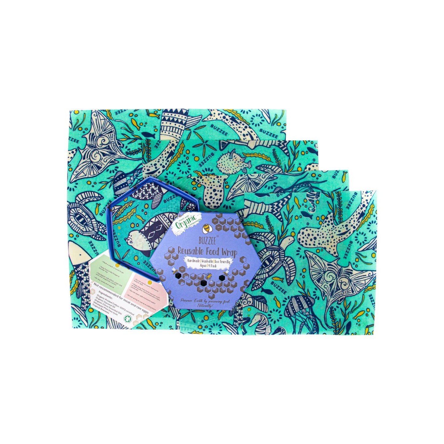 BUZZEE Organic Beeswax Wraps (4 Pack) - Aqua