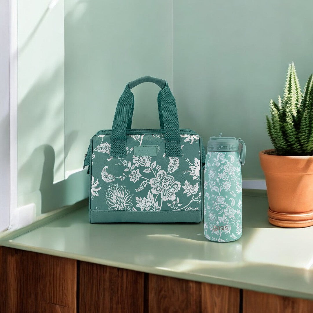 Oasis & Sachi Insulated Lunch Bag & Drink Bottle Bundle - Green Paisley