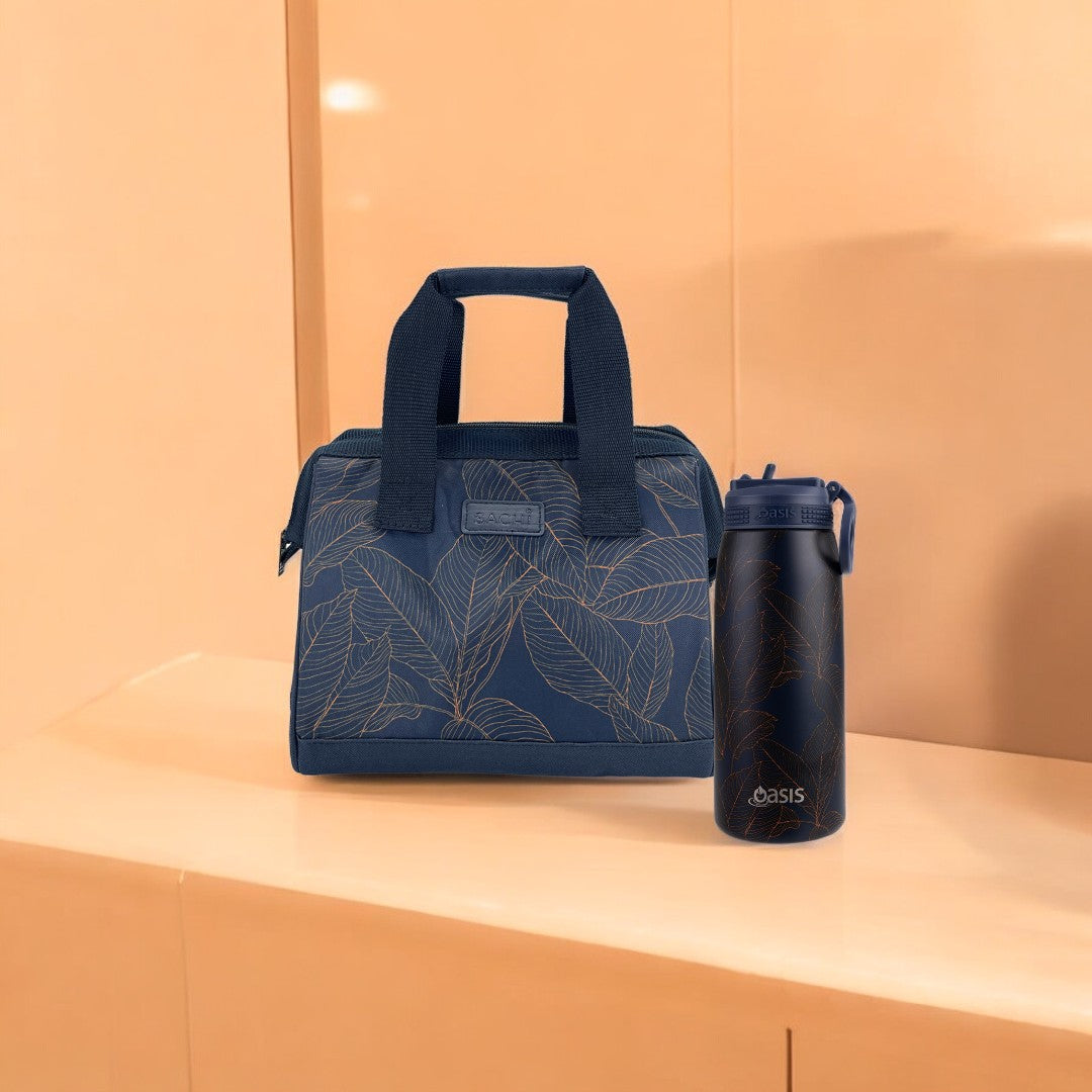 Oasis & Sachi Insulated Lunch Bag & Drink Bottle Bundle - Navy Leaves