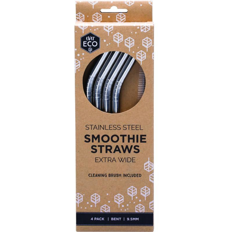 Ever Eco Stainless Steel Reusable Smoothie Straws Bent - 4 Pack with Brush