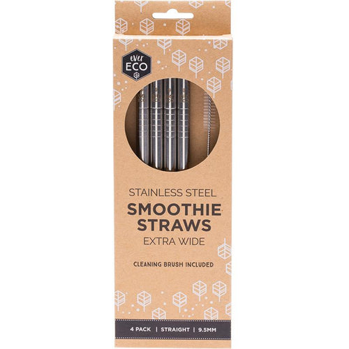 Ever Eco Stainless Steel Reusable Smoothie Straws Straight - 4 Pack with Brush
